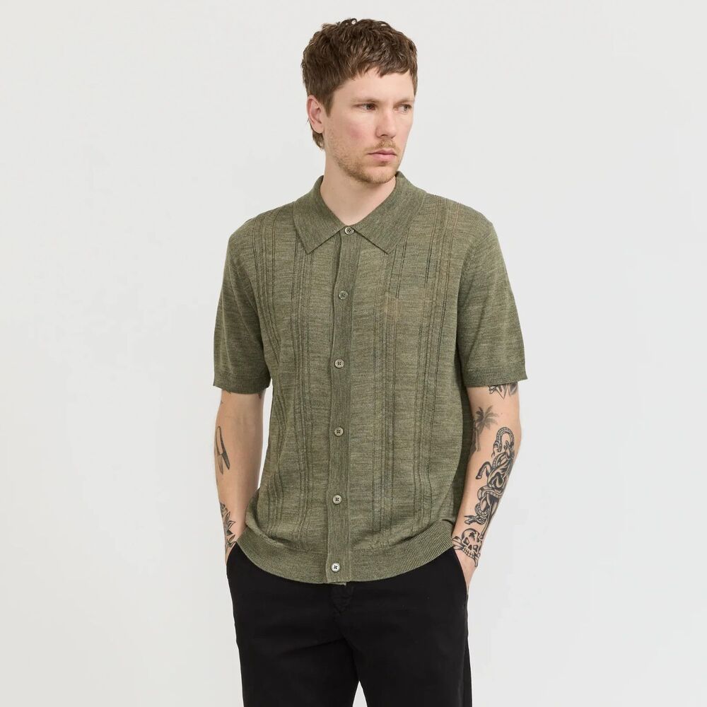 NN07 Shirt Mens Medium Green Button Up Knit Wool Blend Short Sleeve THOR $230